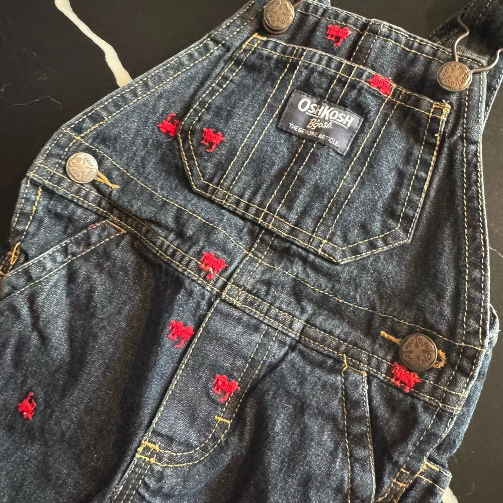 OshKosh B'gosh Kids Denim Overalls‎ - Blue with Red Train Embroidery